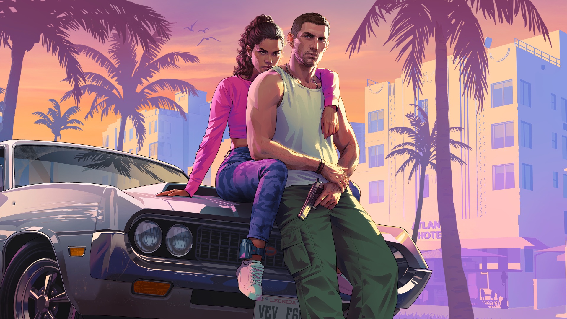 Jason and Lucia in Vice City — official Grand Theft Auto VI key art